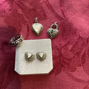 Marcasite heart  pendants (2 ), ring and stud earrings lot